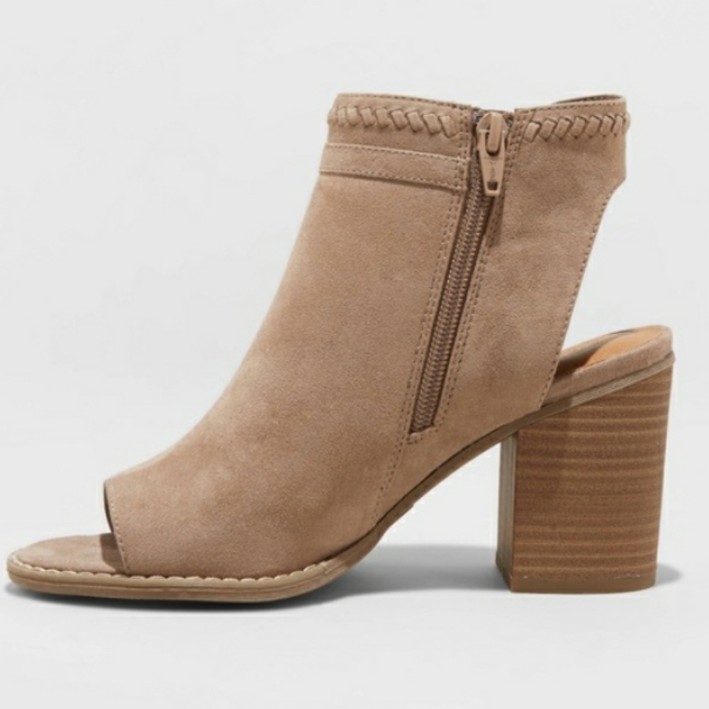 Open Toe Laser Cut Taupe Heeled Booties - Picture 2 of 2